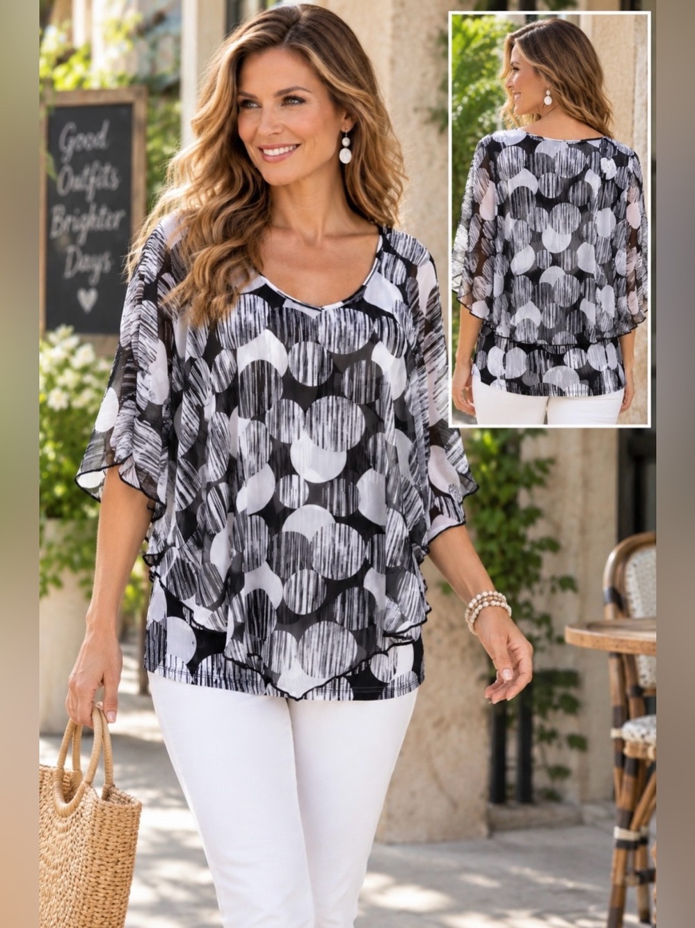 Adele & May black and white top with semi sheer shawl overlay